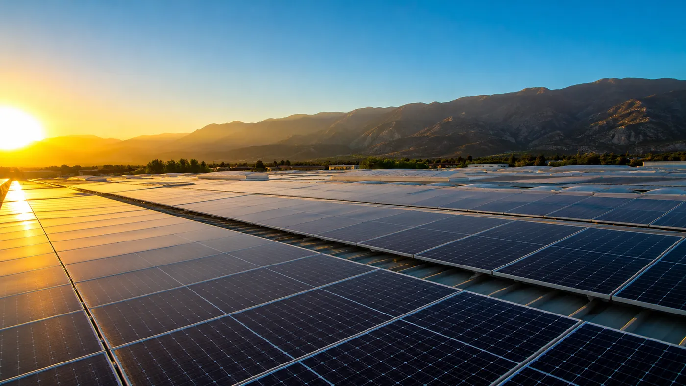 Planta solar fotovoltaica industrial en operación al atardecer