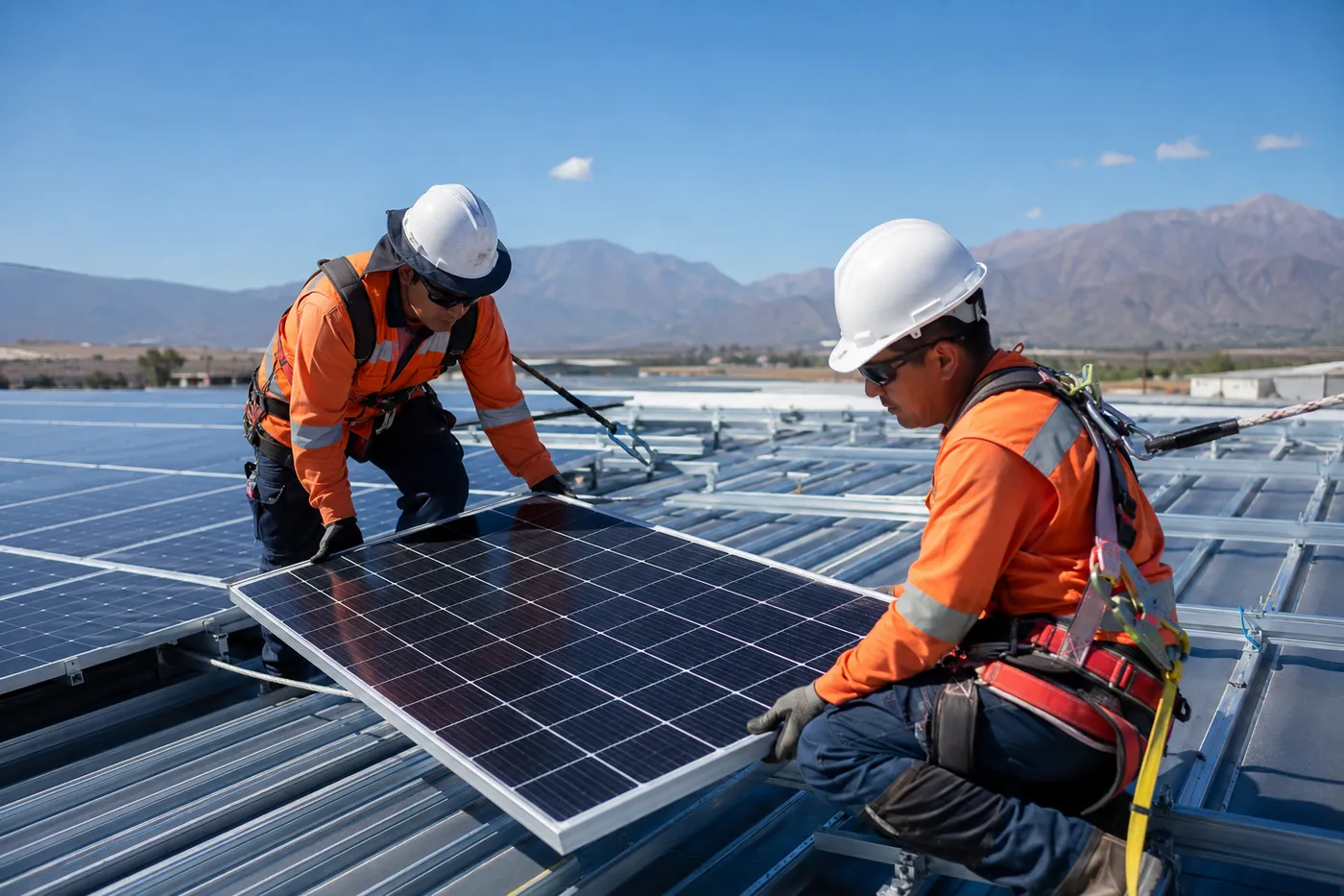 Cuadrilla de Serein instalando paneles solares con estándar de faena minera